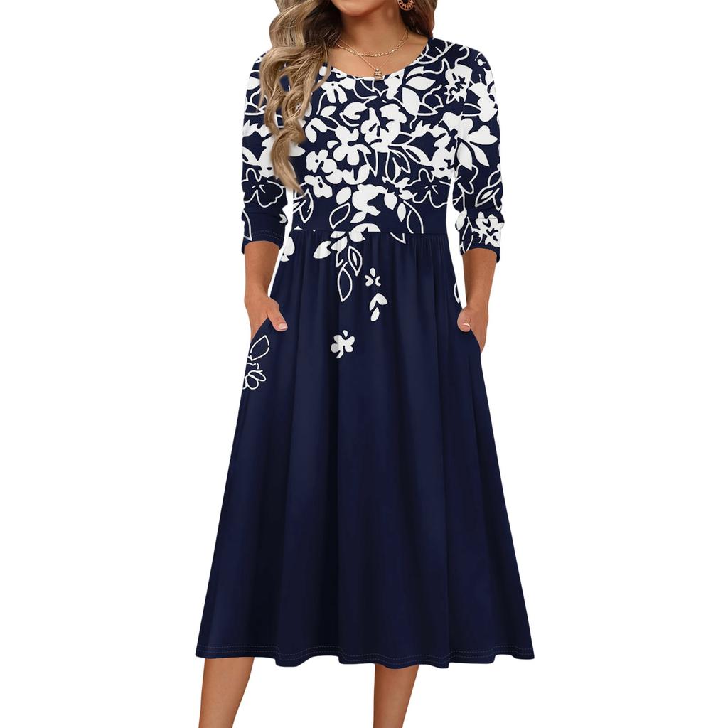 3/4-Ärmel Damenkleid Lässig Fließend A-Linie Midi T-Shirt Kleider mit Taschen Rundhalsausschnitt Urlaub Boho Strand Sommerkleid