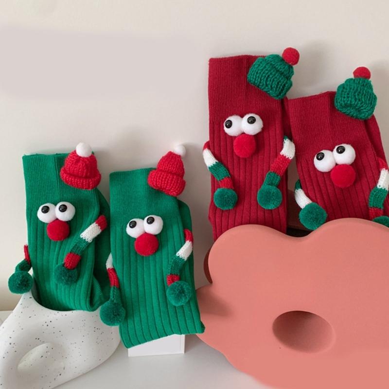 Unisex Couple 3D Santa Hat Dolls Christmas Middle Tube Socks with Magnetic Embellishments for Gifting and Celebrating