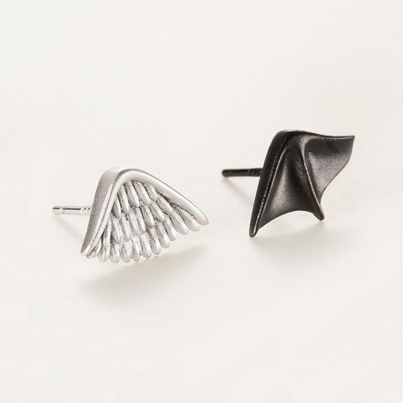 PANJBJ 925 Sterling Silver Red Zircon Studs Earring For Women Neo-Gothic Punk Wing Feather Angel Devil Jewelry Gift Dropshipping
