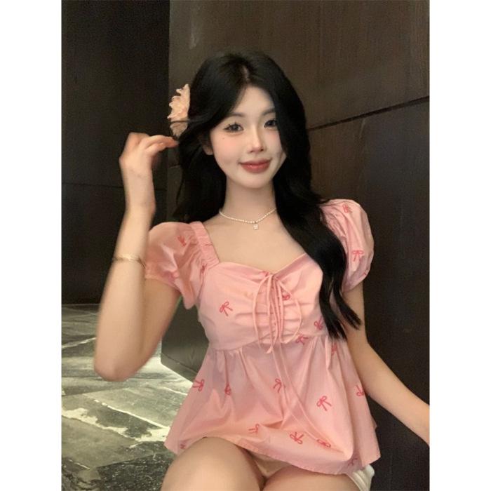 

Summer new French pure desire bow lace-up versatile shirt bubble sleeve T-shirt versatile popular top women XL рожевий