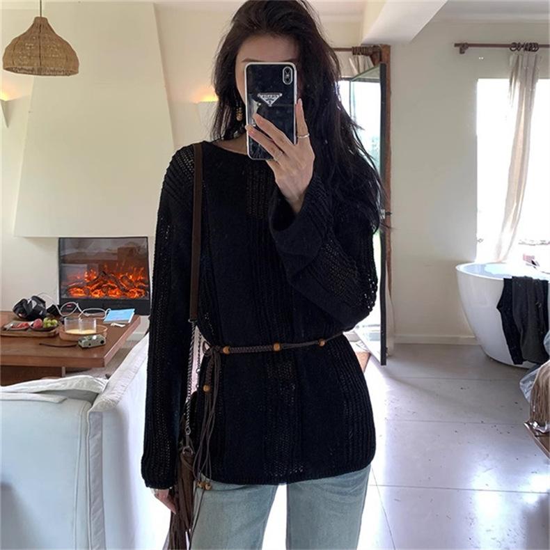 

Весенне-летний свитер с вязаным узором, с воротником-хомут, с длинными рукавами, женский тонкий свободный ленивый джемпер, высококачественный топ Average size 54-281