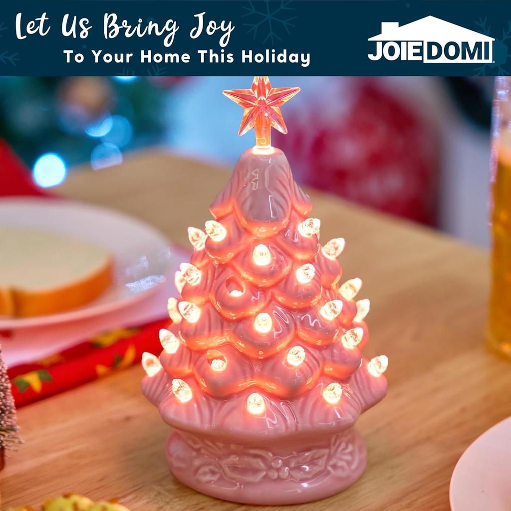 JOYFY Pink Ceramic Christmas Tree 7 inch Prelit Tabletop Christmas Ceramic Tree with Extra Clear Top Star for Xmas Holiday Gift