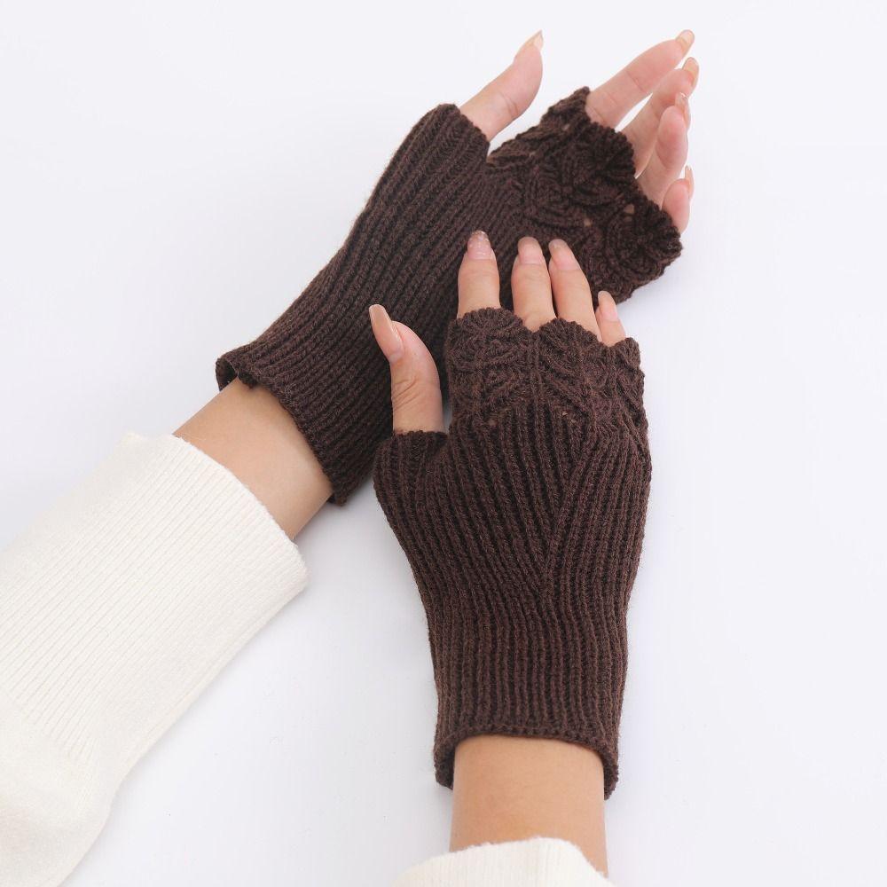 Half Finger Winter Wool Gloves Hollow Out Crochet Flower Mittens Cute Fingerless Gloves Girls