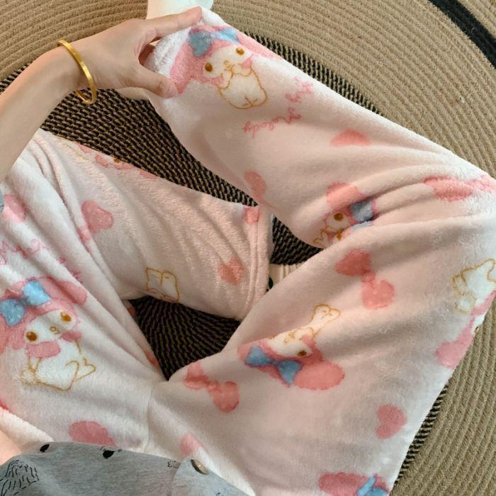 Cute Hello Kitty Women's Coral Fleece Pajama Pants Cartoon Kitty Sleepwear Loungewear