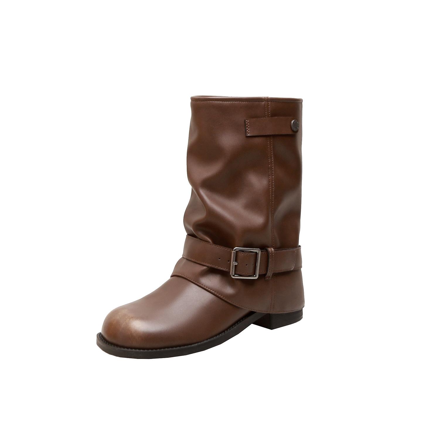 

New spot cowhide version, wasteland wind thick bottom heightening width large tube circumference stacking boots western leather short boots women 202 35