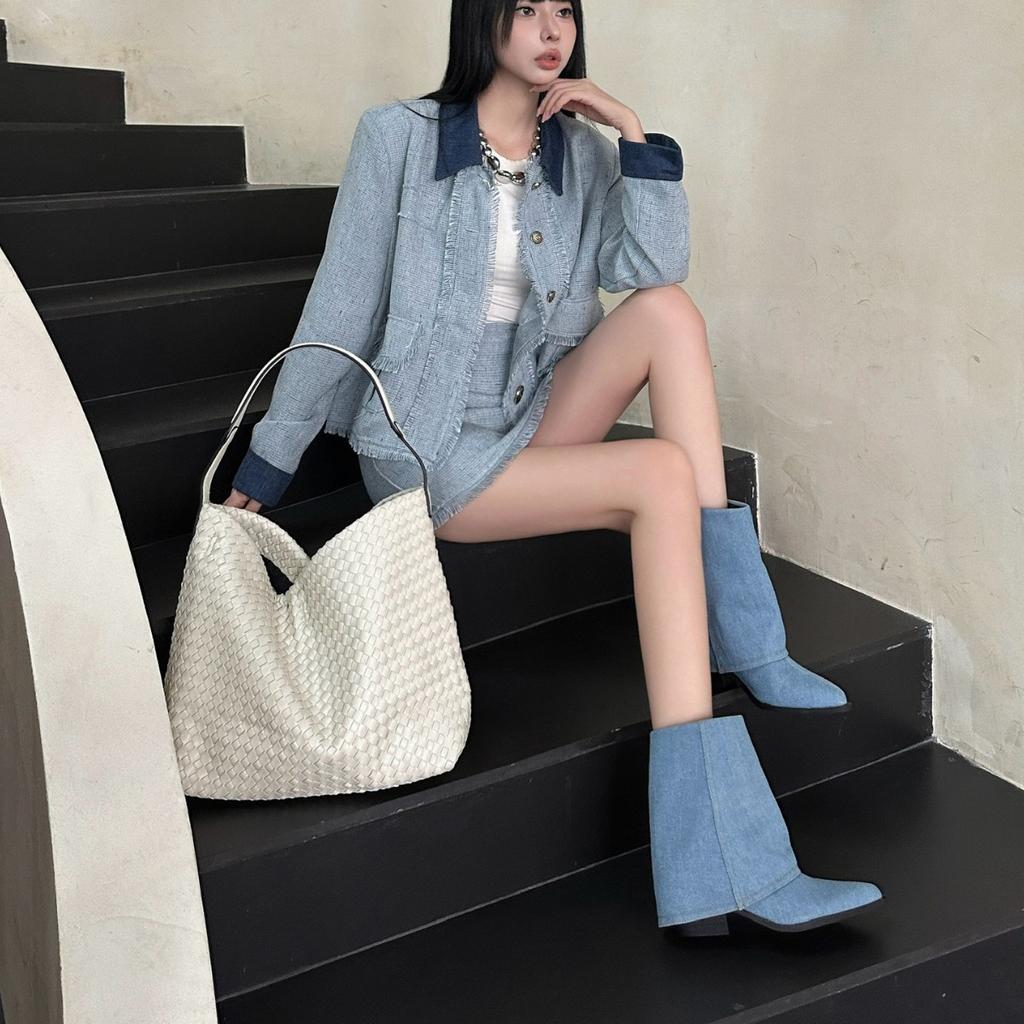 2025 autumn new retro pointed western cowboy boots high heel short trouser boots thick heel cigarette tube short boots women