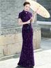 Purple golden velvet cheongsam new model dignified atmosphere catwalk hanfu long sequined fishtail performance clothes