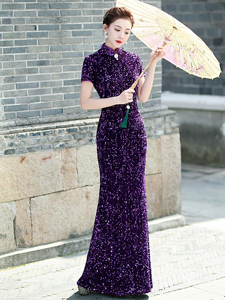 Purple golden velvet cheongsam new model dignified atmosphere catwalk hanfu long sequined fishtail performance clothes