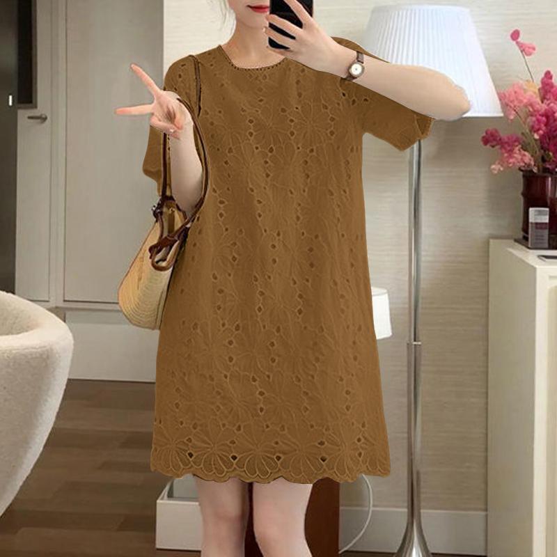 ZANZEA Rochie Casual de Damă cu Gât Rotund, Mânecă Scurtă, Patchwork, Brodată