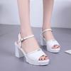 Summer New Rhinestone High Heel One-word Buckle High Thick Heel Women's Sandals Beaded Fish Mouth Fashion Shoes