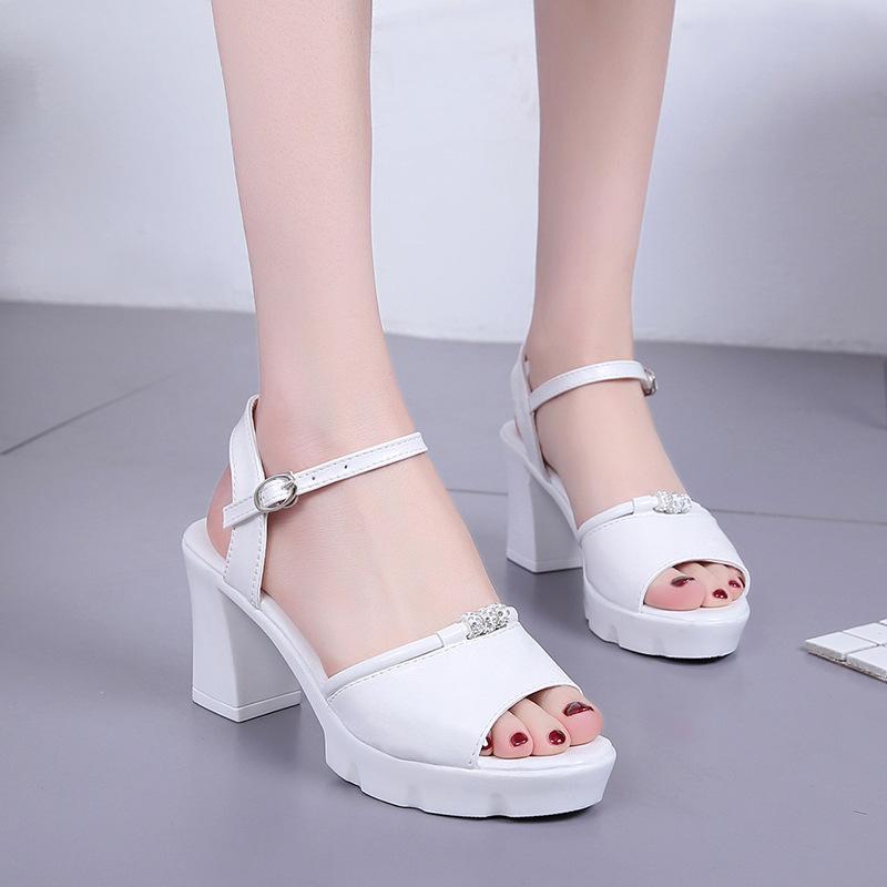 Summer new rhinestone high heel one-word buckle high thick heel women's sandals beaded fish mouth fashion shoes