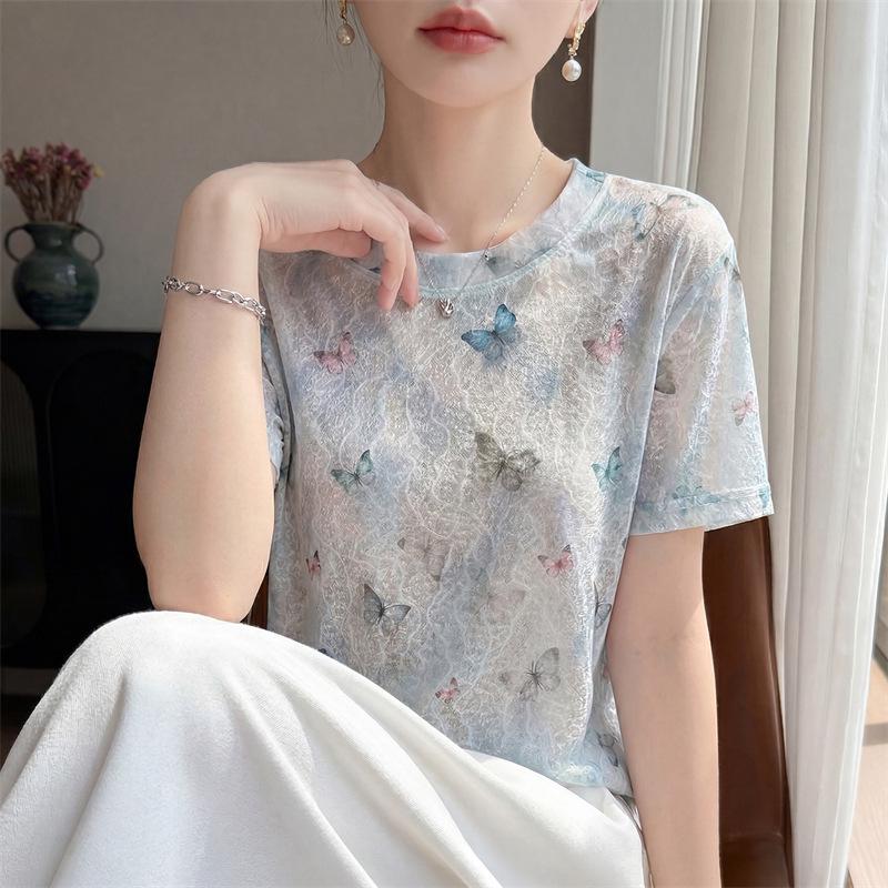 Women's Ink Wash Tie-Dye Short Sleeve Top - Loose Fitting, Slimming, Round Neck Base Layer