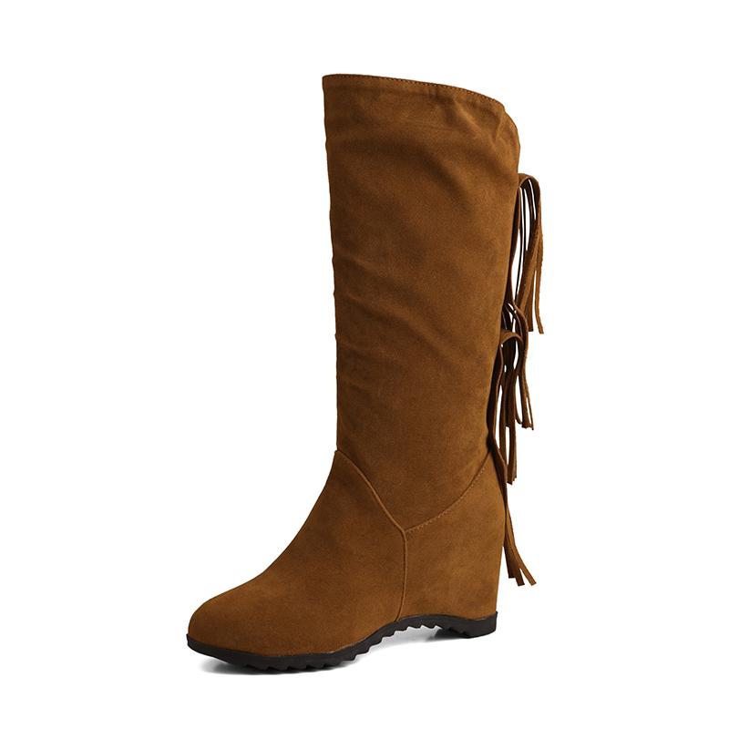 Mid Calf Fringe Boots Women with Hidden Heel 2025 Flock Height Increasing Shoes for Wide Calf Size 33-44