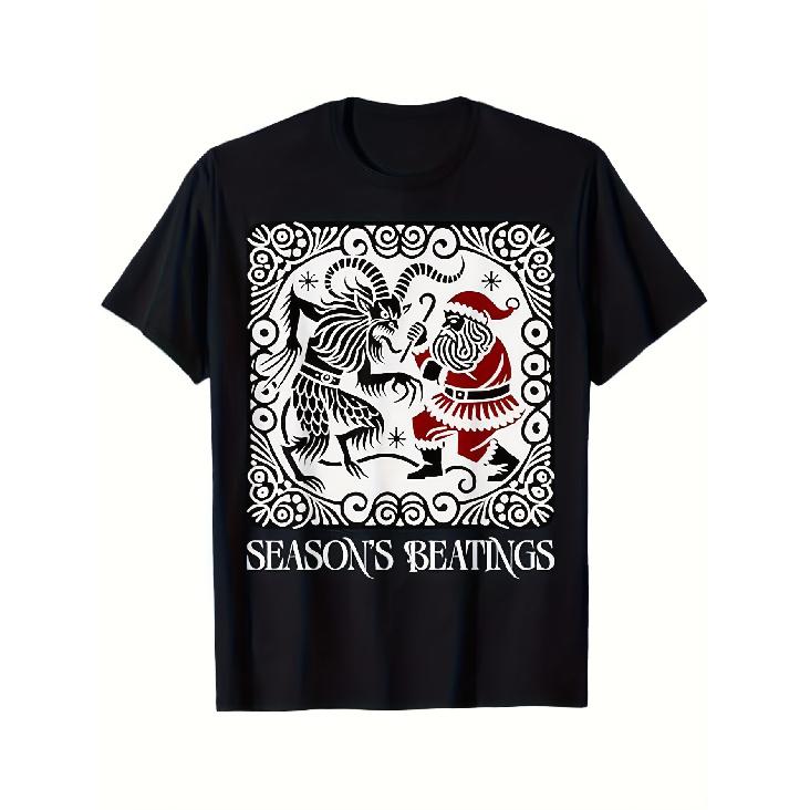 Men S Vintage Krampus Vs. Santa Claus Tee - Features a Black And White Design of Krampus Night with Austrian Folk Art, Made from Breathable, S чёрный
