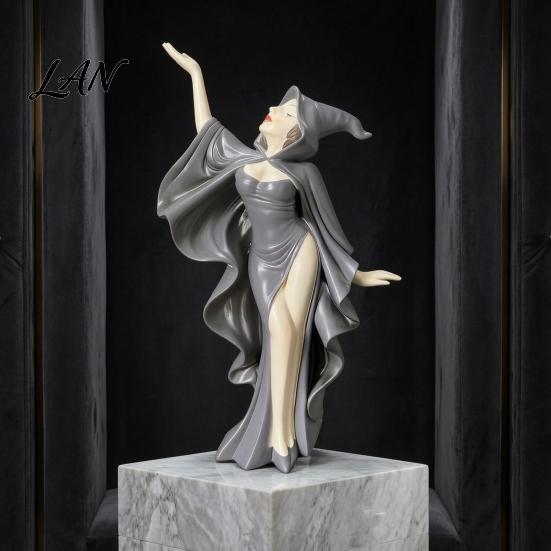 High-end Photography Prop Mysterious Black Cloak Witch Queen Resin Statue, Gothic Elegant Female Stylized Sculpture Figurine, Dark Art for Entryway