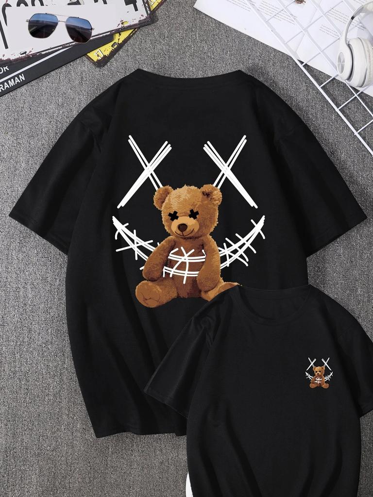 Cute Bear Men Women Unisex Cotton T-shirt Luxury Brand Big Size Top Casual Short Sleeve Streetwear Classic Back Print Tee S-4XL