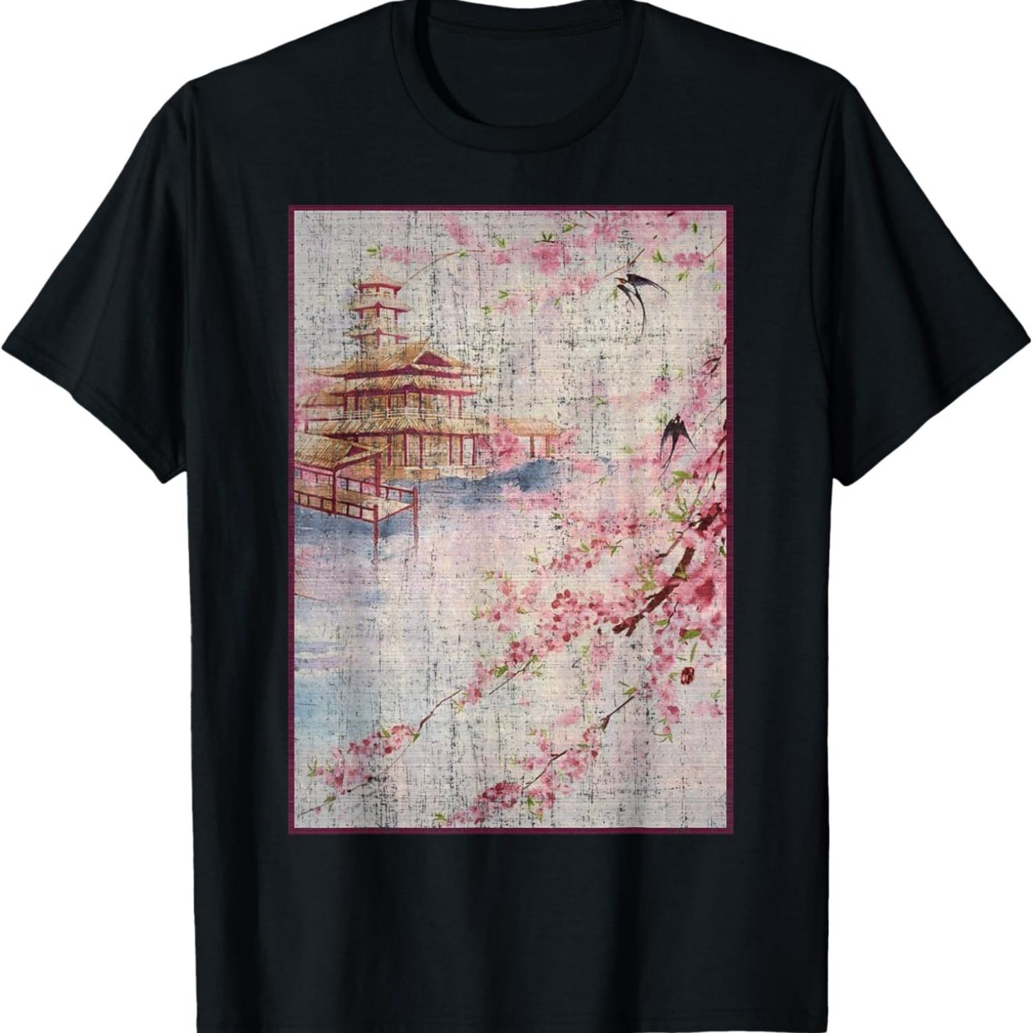 

Vintage Graphical Art Tee Cherry Blossom Gift T-Shirt S чёрный