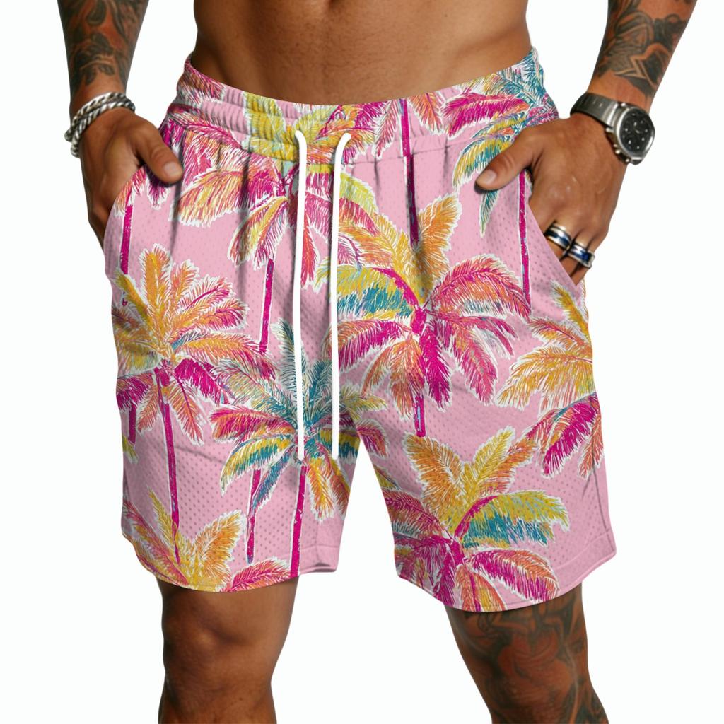 Men's Casual Hawaiian Print Drawstring Shorts Lightweight Quick Dry Mid-Length Beachwear Summer Five-Point Pants with Pockets