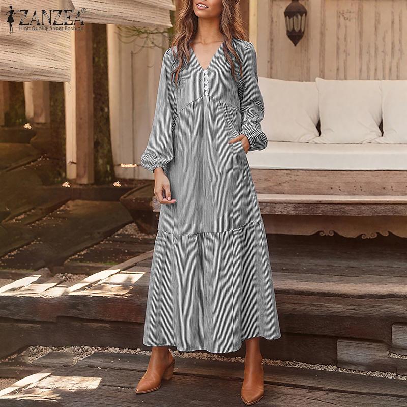 ZANZEA Rochie Lungă Casual cu Mâneci Lungi și Gât în V, Largă, cu Dungi