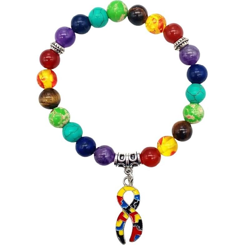 Autism Awareness 7 Chakra Beads Elastic Bracelet Colorful Beaded Love Heart Cross Ribbon Puzzle Jigsaw Charm Jewelry Gift for Autism Teacher Autistic Black Ribbon
