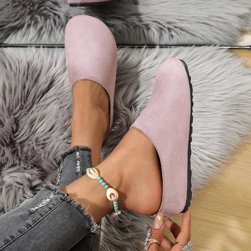 Fashion Spring Round Toe Cork Clogs Slippers for Women Outdoor Cork Footbed Flat Heels Mules Shoes Woman Plus Size Suede Slides Female