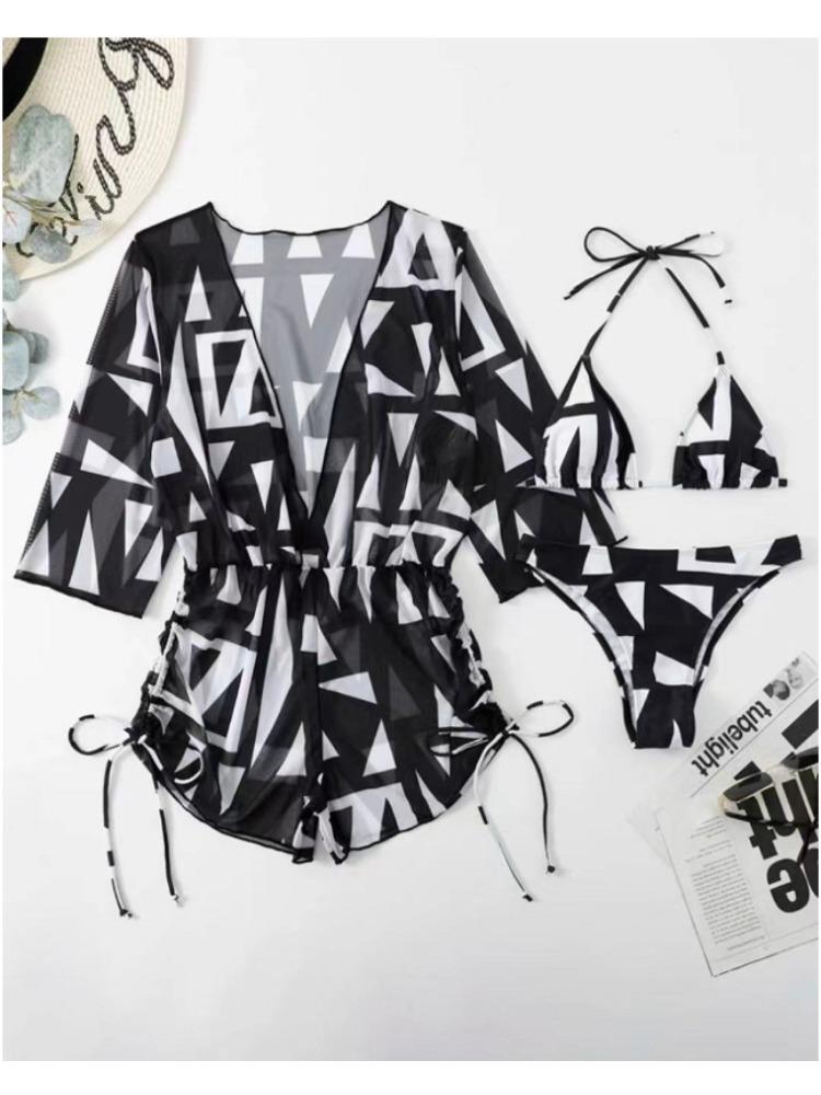 Digital Print Three Piece Drawstring Sexy Bikini Swimsuit Fashion For Summer Vacation
