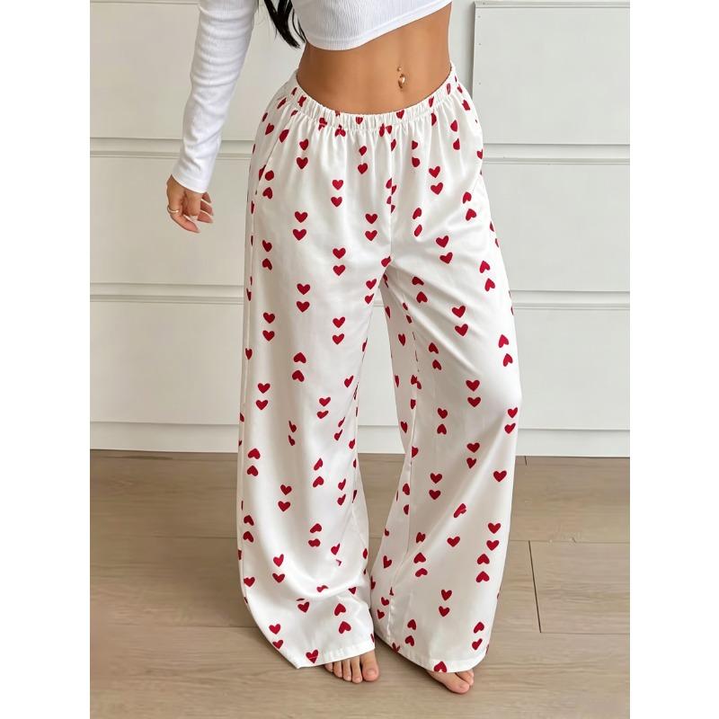 Summer Women Satin Pajama Pants Cute Heart Pattern Elastic Waist Loose Long Sleepwear Trousers Comfortable Home Lounge Pants
