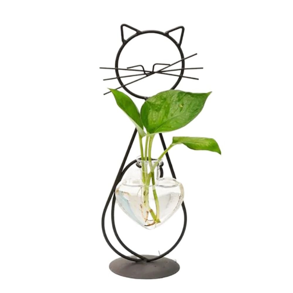 With Metal Holder Heart Glass Vases Cute Wrought Iron Vase Simple Cat Shape Hydroponic Vases  Table