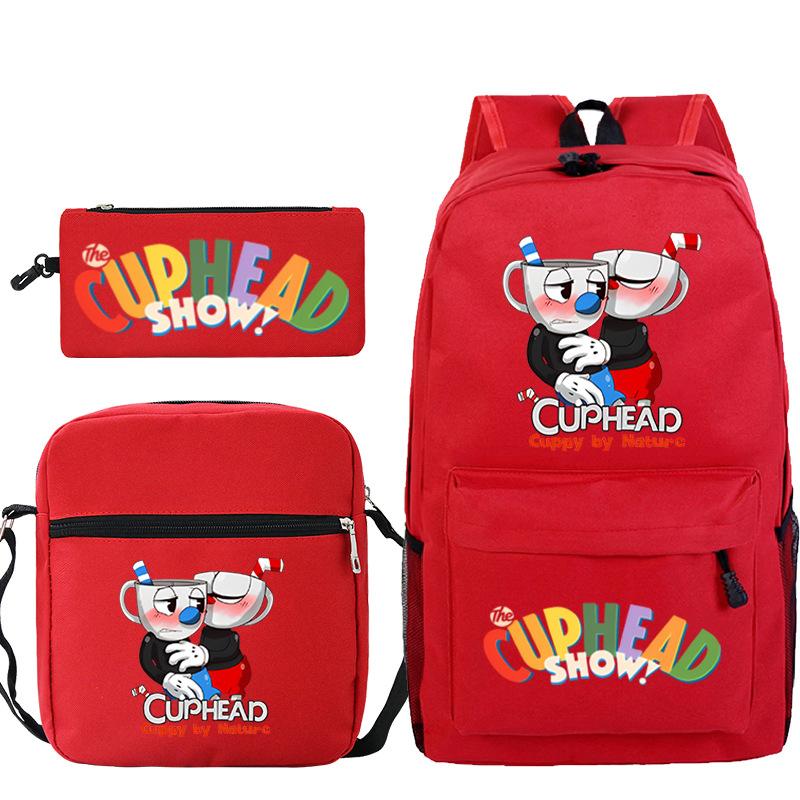 Cartoon Teacup Head Cuphead Student School Bag Backpack Three-piece Set Children's Shoulder Bag Pencil Bag