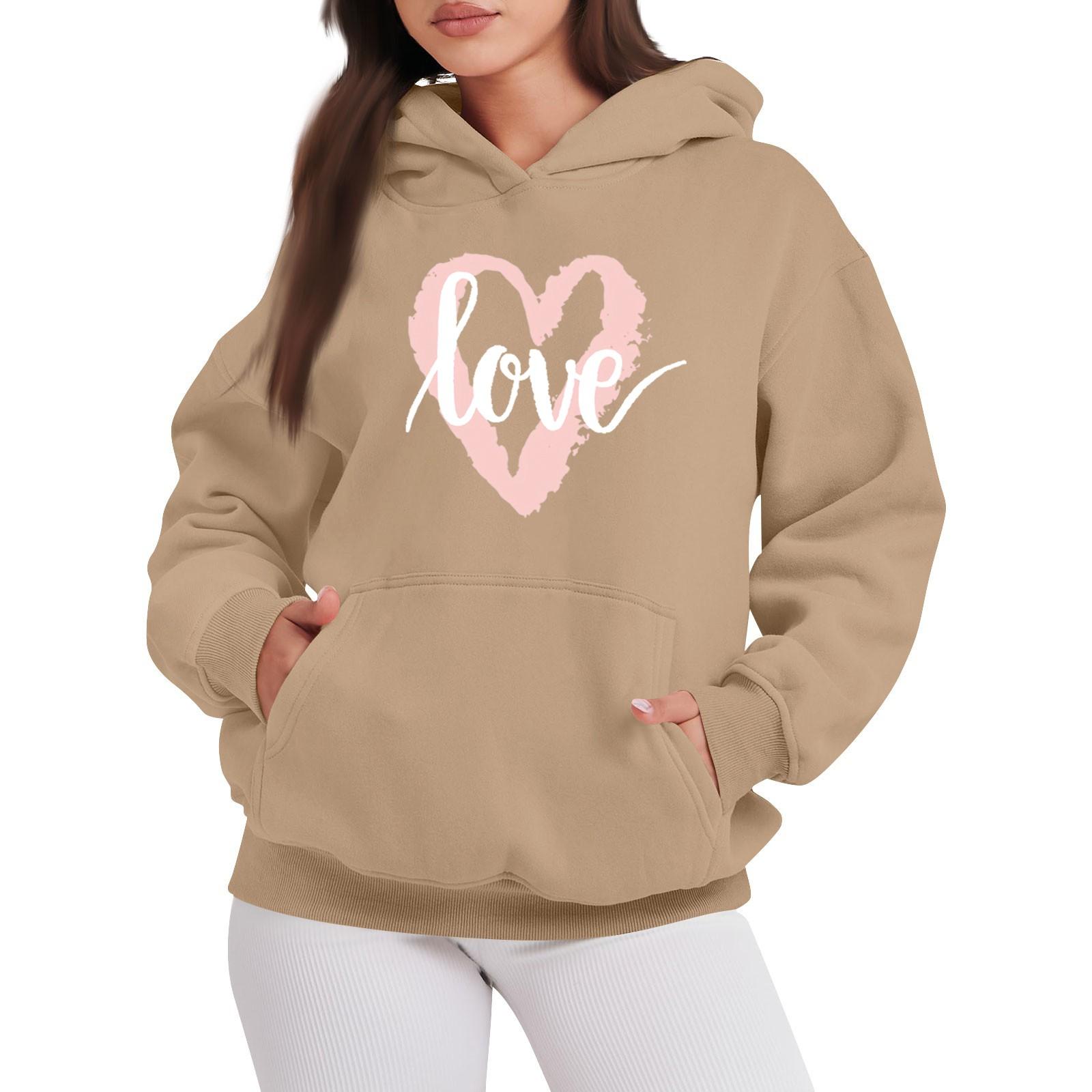 

LOVE Женская модная повседневная толстовка с капюшоном с принтом ко Дню святого Валентина, с длинными рукавами XL хаки