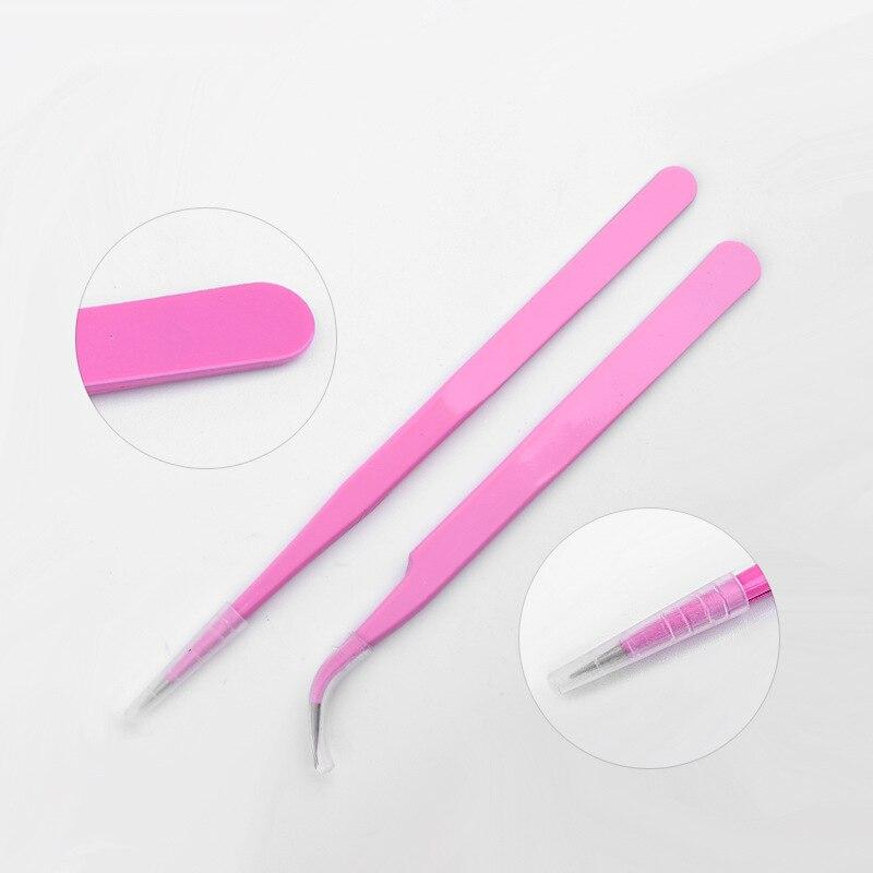2Pcs Pink Stainless Steel Straight Curved Nail Art Tweezers Rhinestone Picker Nail Decoration Picking Up Tool