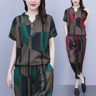 Women's Summer Plus Size Loose Casual Suit Slimming, Belly Covering, Short Sleeved Top, Pants Age Reducing Two-piece Set