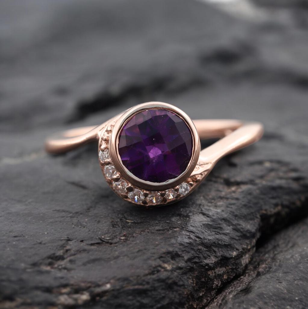 Round Cut Amethyst Ring, 14 K Rose Gold Plated Silver Bezel Engagement Ring with Diamond Accents,