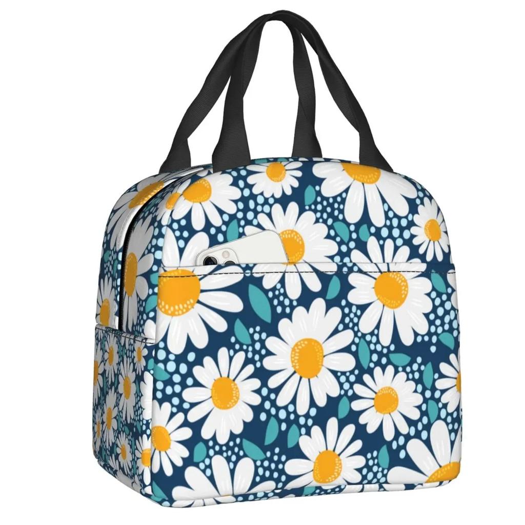Floral Daisy Print Insulated Lunch Bag for Women Chamomile Flowers Cooler Thermal Lunch Tote Box Portable Picnic Food Bento Bags