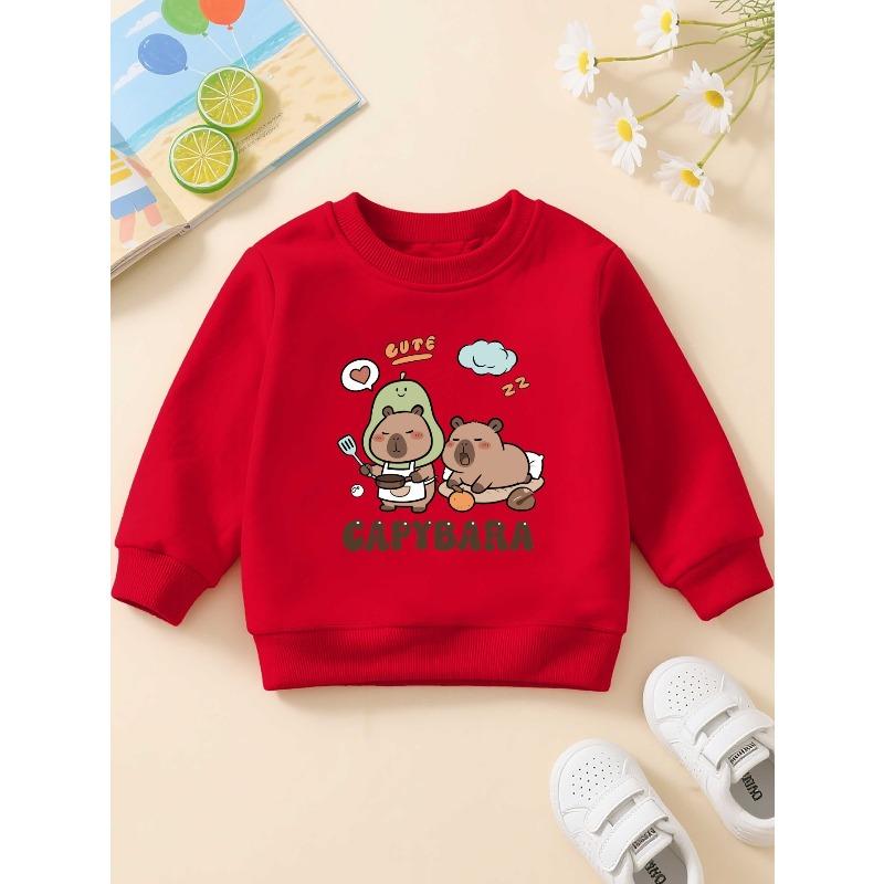 European sizes Cartoon Capybara Children's Crewneck Sweatshirt, Casual Long-sleeve Crewneck Pullover with Slightly Stretchy Fabric