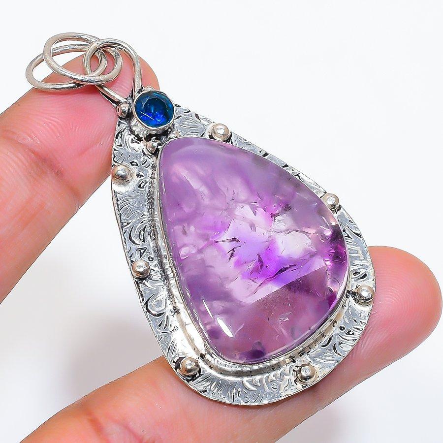 Natural Sage Amethyst, Topaz 925 Sterling Silver Jewelry Pendant 2.56" ZS-20