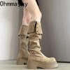 Vintage Platform Thick Heel Women Over The Knee High Boots Fashion Double Fold Wearing Mordern Long Botas Para Mujer