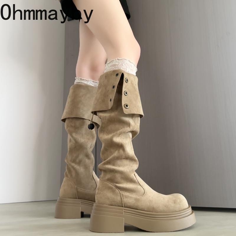 Vintage Platform Thick Heel Women Over The Knee High Boots Fashion Double Fold Wearing Mordern Long Botas Para Mujer