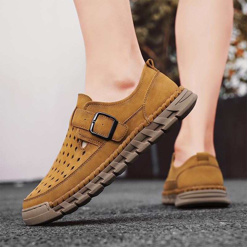 Fashion Men Hollowed Out Casual Shoe Summer Fashion Sports Sandals High-quality Handmade Leather Walking  Summer Designer Shoes   Rubber