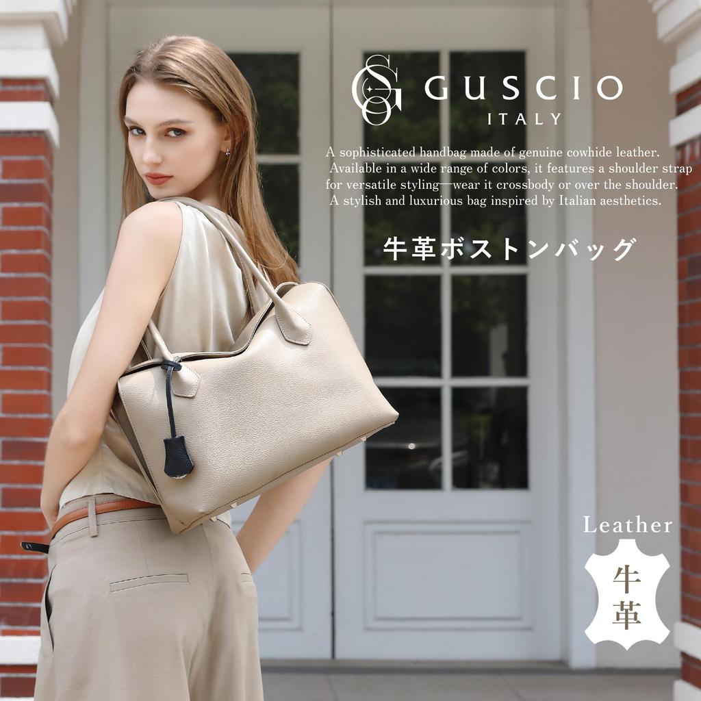 Guccio Leather Boston Elegant and Design for and with Italy Bag/Tote Bag, Stylish, Two-Tone Commuting, School, Commute, Charm, Women's Fashion,