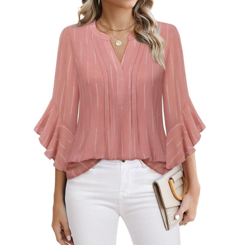 

Топ з рукавом сім чвертей Листок лотоса , однотонний, модний, повсякденний, вільний, з V-подібним вирізом, ділові шифонові сорочки, жіночі блузки та сорочки персиковий