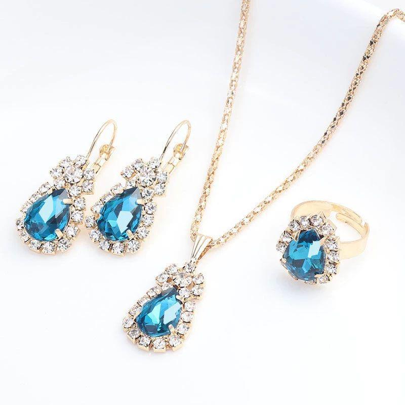 European Trendy Water Drop Jewelry Set: Necklace, Earrings, and Ring for Evening Parties