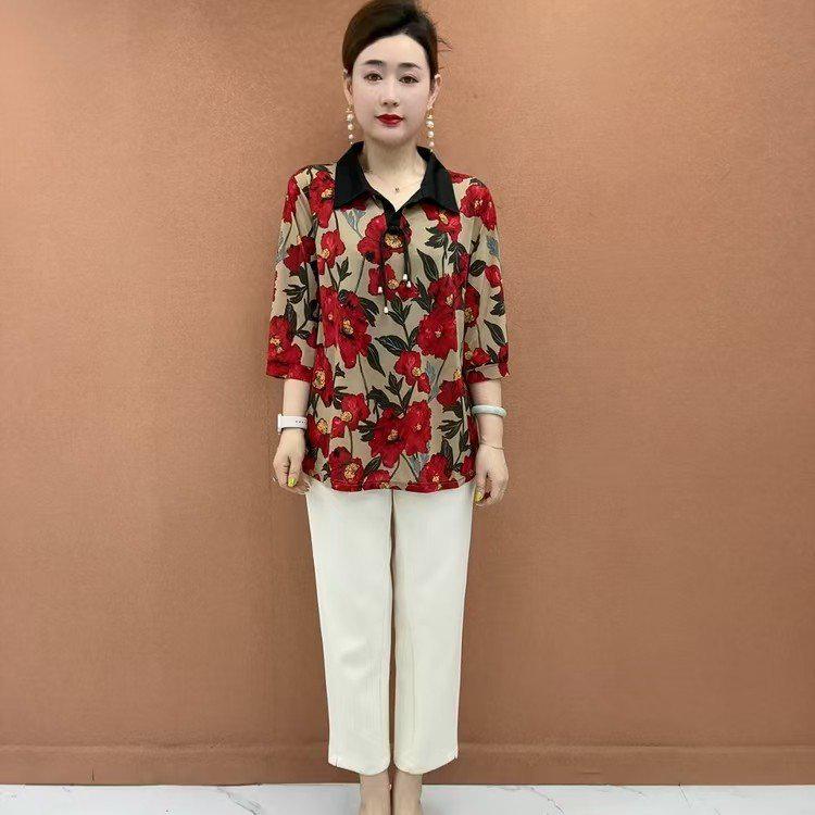 Fashionable Medium-Length Pullover for Middle-Aged and Elderly Mothers - Loose, Breathable, Slimming, Versatile, 3/4 Sleeve Top
