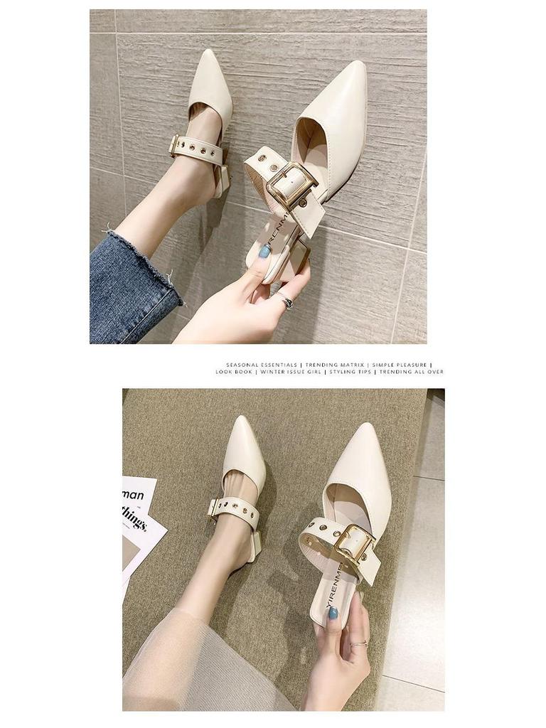 Women's 2025 Summer Korean Style Pointed Toe Closed Slippers with Belt Buckle & Chunky Heel