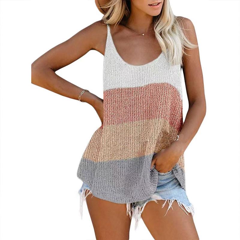 Spring and Summer Fashion Round Neck Camisole Color Blocking Top Undershirt Women Vest