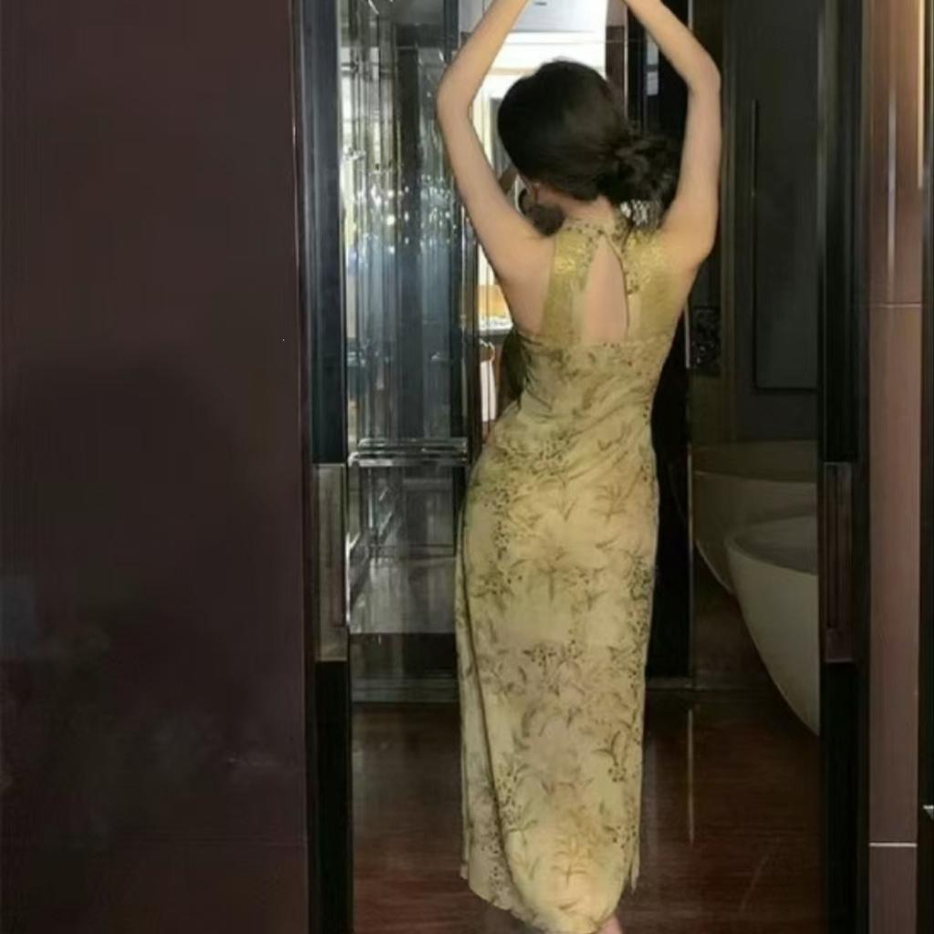 Temperament Elegant Hollow Open Shoulder Backless Floral Modified Cheongsam Dress Chinese Style Split Fork Waist Hip Wrap Dress