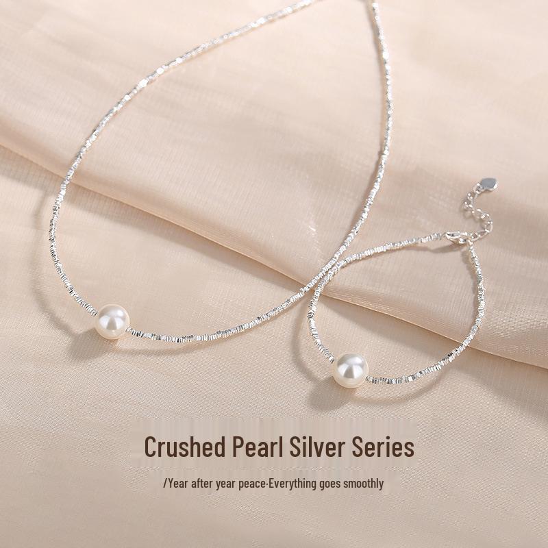 S925 Sterling Silver Round Imitation Pearl Necklace - Women's Trendy French Clavicle Chain