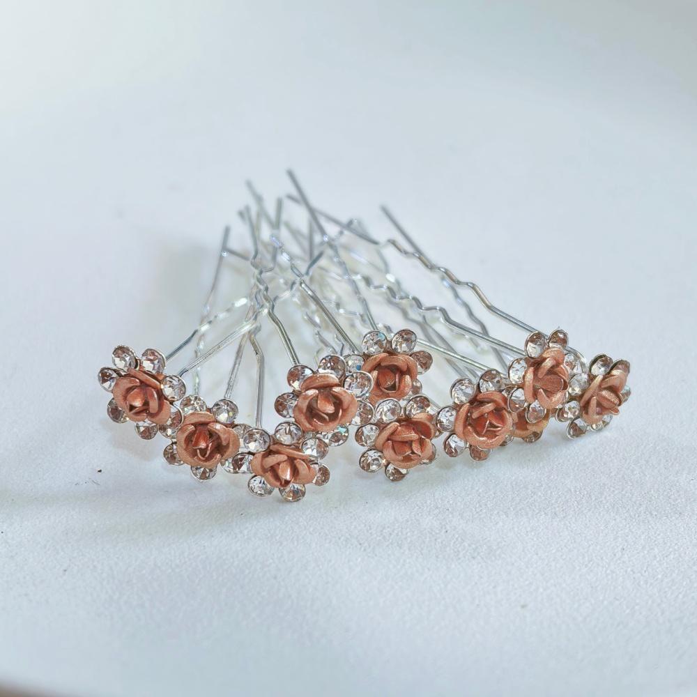 10pcs Rose Flower Bridal Hairpins Luxury Crystal Hair Clip Pins Wedding Bride Hair Styling Tools Women Prom Hair Accessories