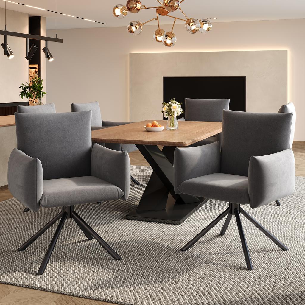 Set of Two Dining Chairs, Upholstered Armchair with 4 Metal Legs, 360 degrees Casual Swivel Chair, Work and Desk Chair, Lumbar Support, Velvet, Grey