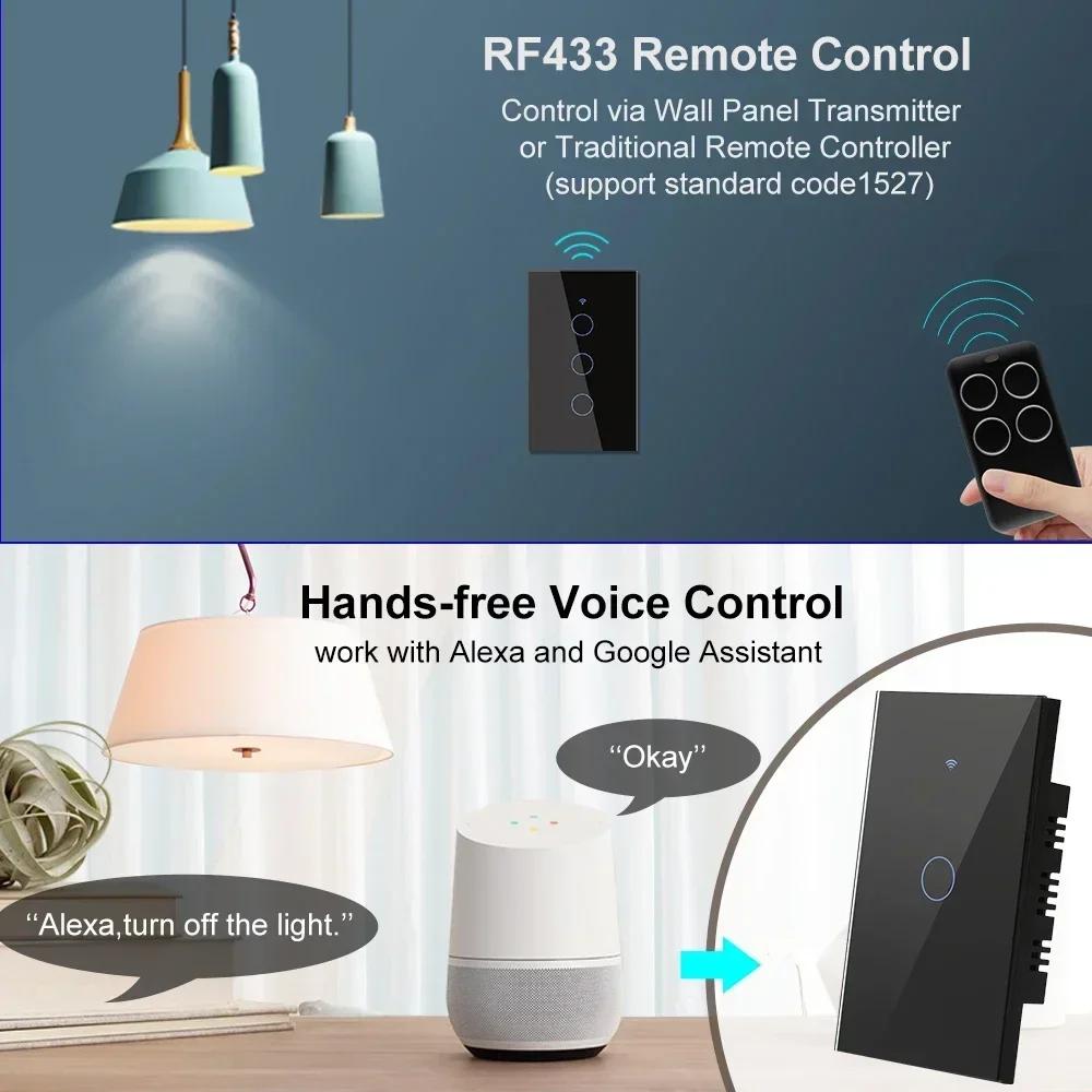 WiFi Tuya RF for Lights Australia US BR IL Alexa 220V 1 2 3 4 Gang Smart Remote Control Touch Light Switch Neutral + Live Wire